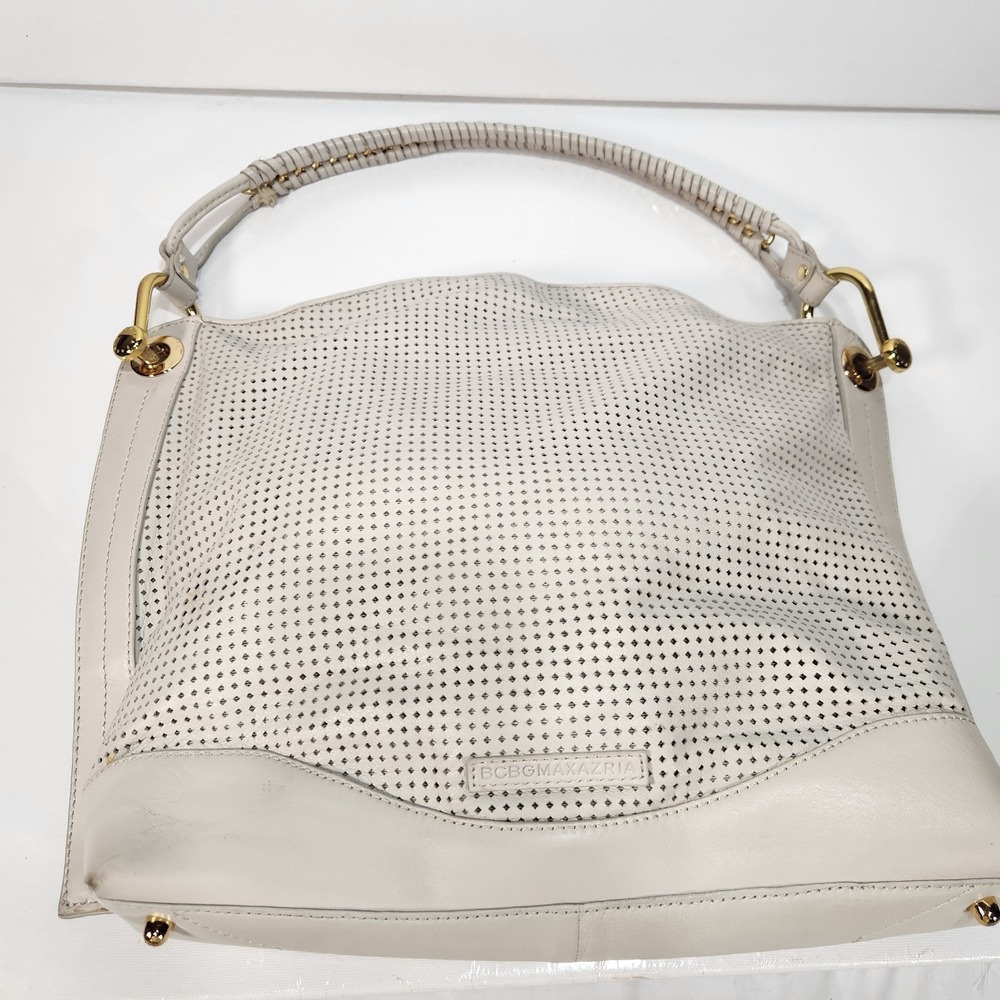 BCBGMAXAZRIA Leather Large Handbag Soft Ivory White Diamond Preforated Pattern